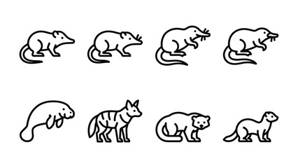 Fototapeta premium Mammal Icons Collection: A diverse set of clean, modern line icons representing various mammals, including rodents, a marine mammal, a canine, and a bear, presented in a grid format.