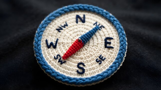 Handmade crochet compass with blue and red needle on a dark background