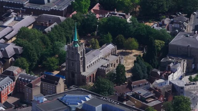 Tight circling aerial shot around Chelmsford Cathedral