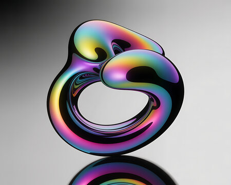 Iridescent Abstract Amorphous Shape with Swirling Rainbow Colors and Reflective Surface Against a Gradient Gray Background with Subtle Reflection Below