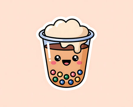 Kawaii style bubble tea drink with a happy face and colorful tapioca pearls at the bottom, topped with frothy cream and a clear plastic cup on a light pink background Keywords: bubble tea, boba
