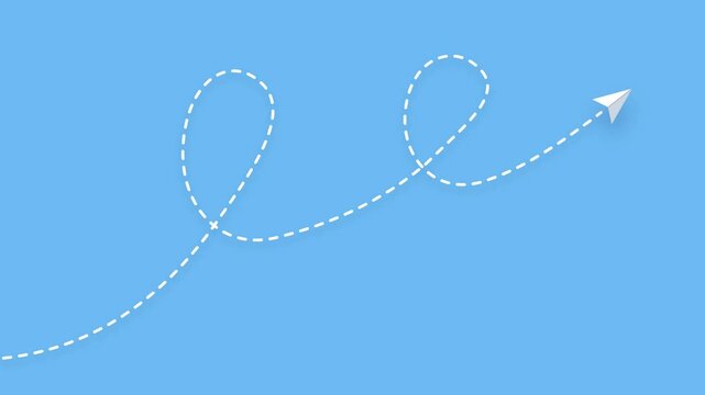 Paper airplanes flying along dashed flight paths on blue background