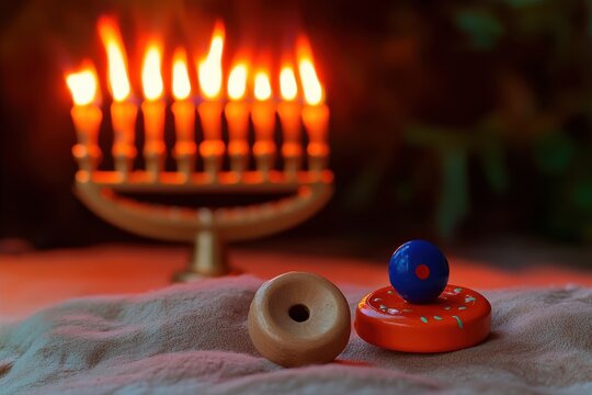 Hanukkah menorah with glowing candles lit against a color background for traditional holiday celebration