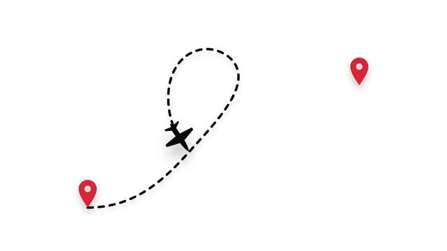 Airplane icons flying along dashed path lines with map pins