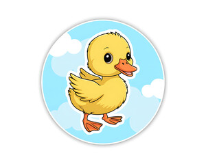 Fototapeta premium Playful cartoon yellow duckling walking with wings outstretched against a light blue sky with fluffy white clouds and a subtle circular border Keywords: duckling, yellow, cute, cartoon, baby