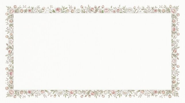 A white, blank rectangular frame with a floral border featuring pink and green flowers and leaves.