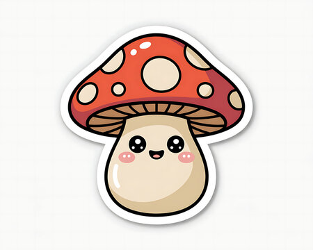 Whimsical cartoon mushroom character with a bright red cap dotted with white circles and a friendly face with rosy cheeks on a white background