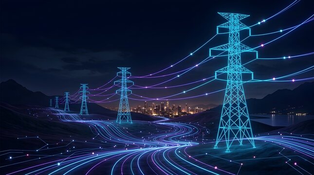 Futuristic power lines and pylons glowing with neon blue and purple light transmitting energy towards a distant city skyline at night