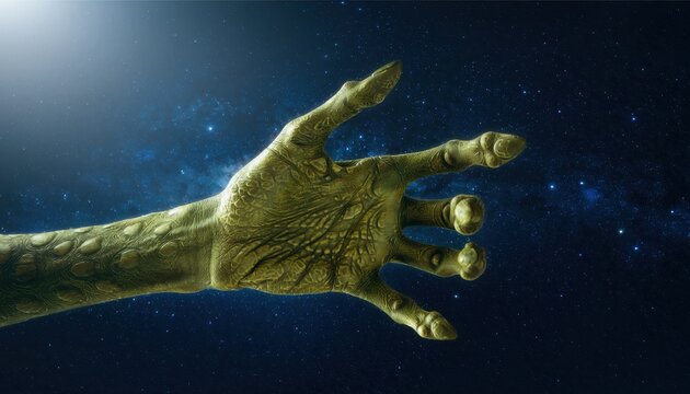 Alien monster hand reaching through deep space nebula