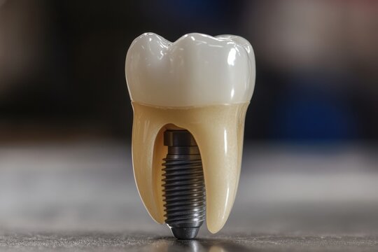 Dental implant inside medical human jaw model with healthy white teeth view