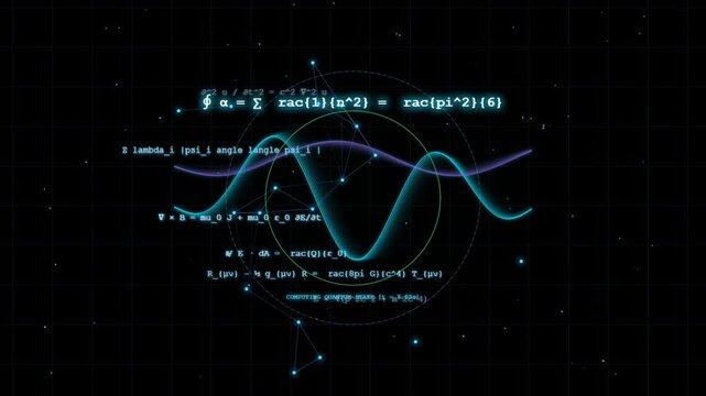 Quantum physics abstract background, with glowing mathematical, formulas and wave motion