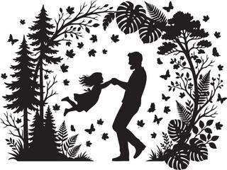 Fototapeta premium Father and daughter silhouette playing in nature, black and white family vector illustration, parent and child dancing in forest with butterflies