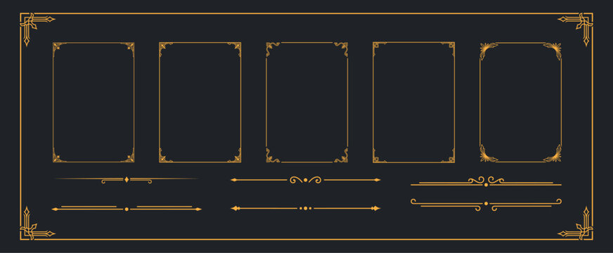 Set of luxury vintage border frames and ornamental dividers in golden color for document.