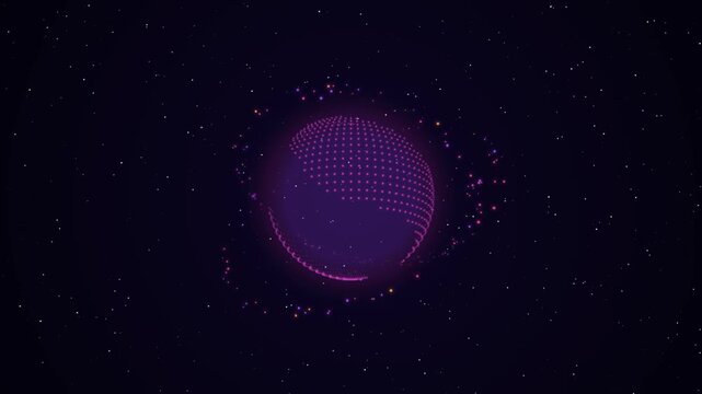 Purple digital earth grid rotating in deep space