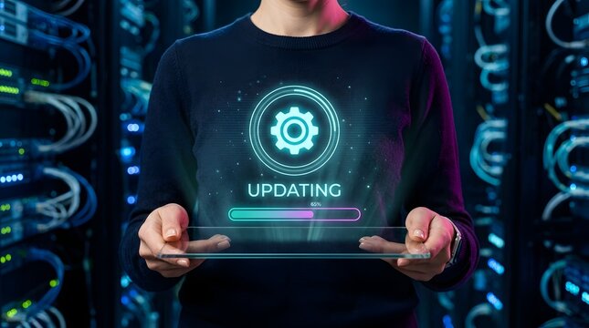 Person holding tablet displaying software update progress bar and gear icon in a server room with glowing lights