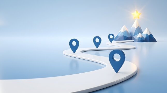 Roadmap to Success Winding path with map pins leading to a star on a mountain peak symbolizing goals and achievement.