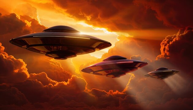 Fleet of alien UFO spacecraft flying through sunset clouds