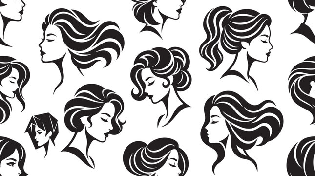 Elegant woman hair silhouette seamless pattern, female profile beauty salon vector background, black and white fashion hairstyles wallpaper