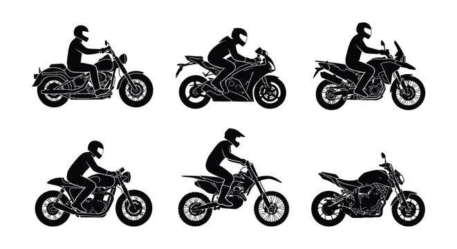 Motorcycle silhouettes depict various styles on a white background