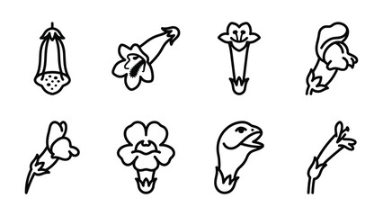 Fototapeta premium Set of Botanical Illustrations: A collection of line art illustrations depicting various flower shapes, each showcasing unique petal formations and botanical detail.