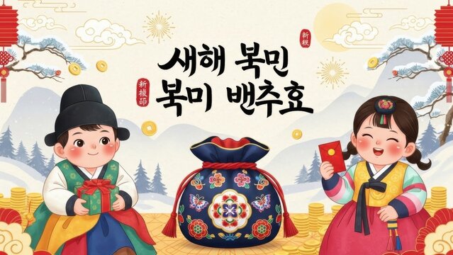 Korean children in traditional hanbok costumes holding bokchonmu bags for cultural festival celebration