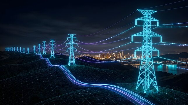 Futuristic digital grid of glowing power lines and pylons stretching across hills towards a city skyline at night