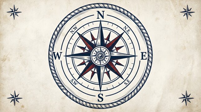 Classic nautical compass rose illustration with a rope border and four corner stars, presented on a vintagestyle aged paper background
