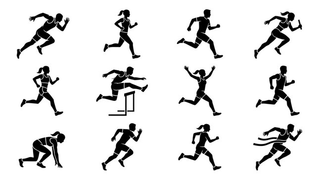 Athletic runner silhouettes set showcasing sprinting athletes, hurdle jumping and relay race runners, concept for sports competition and fitness training