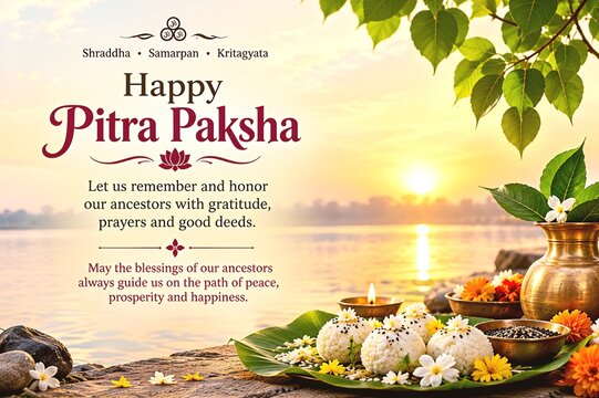 Happy Pitru Paksha Greeting with Ancestral Tribute, Pind Offerings, Diya and Sacred River at Sunrise