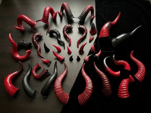 Collection of red and black devil horns for costume