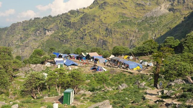 Temporary tent camp near Rudranath Temple in the mountains of Chamoli Uttarakhand