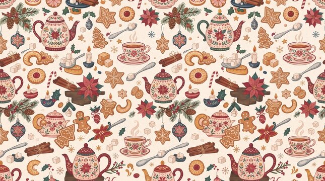 A cozy seamless Christmas tea and biscuits pattern featuring vintage teapots, floral teacups, gingerbread cookies, butter biscuits, cinnamon sticks, sugar cubes, teaspoons, candles, poinsettias, pine 