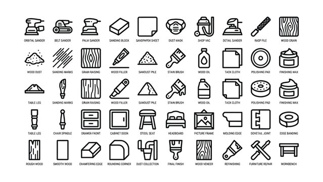 A comprehensive set of flat black and white woodworking icons for DIY home improvement projects and furniture construction