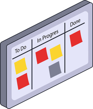 Kanban board for project management, displaying tasks in To Do, In Progress, and Done columns. Sticky notes in red, yellow, and gray mark task statuses.
