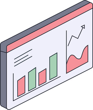 Isometric business analytics dashboard with bar and line charts showing growth