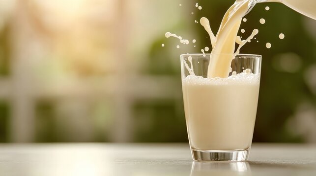 Milk Pour into Glass: A stream of creamy milk is poured into a clear glass, creating a refreshing splash and frothy bubbles, set against a softly blurred, sun-drenched outdoor background.