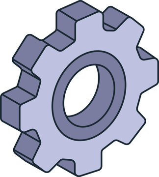 A cogwheel, or gear, in a 3D isometric view, rendered in a light purple hue. The gear has twelve teeth and a central circular opening, representing mechanical power and engineering principles