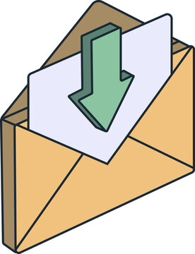 An open envelope with a letter inside and a green down arrow pointing towards it. The arrow indicates incoming mail or a download.