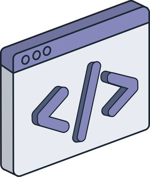 A simple isometric illustration of a web browser window displaying code symbols like angle brackets and a forward slash. The window has three circular dots representing control buttons.