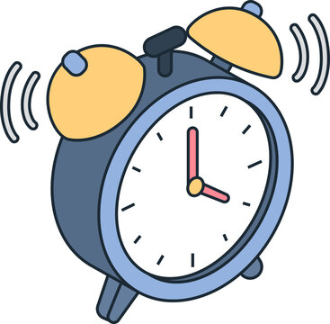 An illustration of an alarm clock ringing with motion lines to indicate sound. The clock has a blue body with a white face and yellow bells on top.
