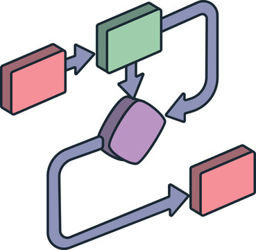 A colorful isometric diagram illustrating a process flow with three distinct blocks and connecting arrows. The blocks are colored red, green, and purple.