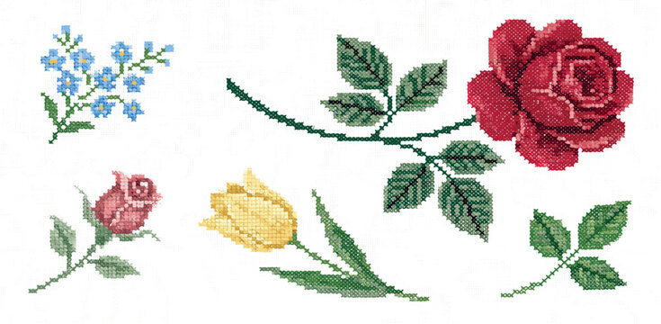 Cross stitch embroidery rose flower on a stem isolated on white background. A geometric pixelated needlework vintage floral motif for cottagecore crafts, textiles, and traditional sampler patterns.