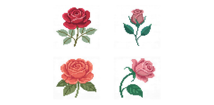 Cross stitch embroidery rose flower on a stem isolated on white background. A geometric pixelated needlework vintage floral motif for cottagecore crafts, textiles, and traditional sampler patterns.