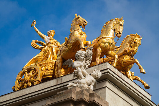 Golden quadriga sculpture at Cascada Monumental in Barcelona Spain