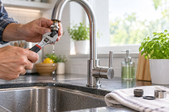 Plumbing Repair in Kitchen: A close-up shot captures a person's hands using a wrench to fix a leaking faucet in a modern kitchen sink.