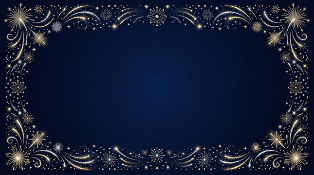 A festive, gold and silver starry border on a dark blue background. The border features intricate floral and star designs. The background is dark blue with a starry pattern.