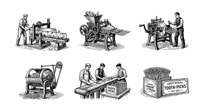 Vintage toothpick manufacturing machinery and workers detailed vector illustration