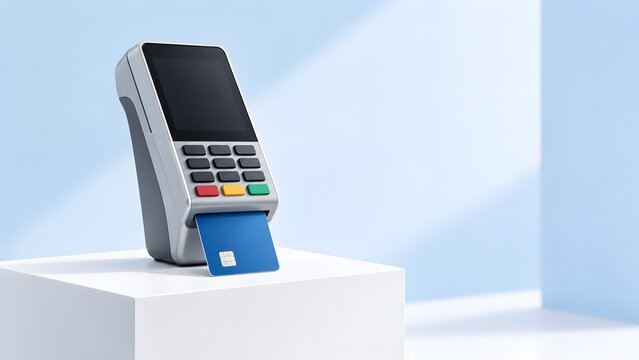 Modern POS terminal with blank screen and inserted blue credit card on white pedestal representing secure retail payment processing and cashless business transactions