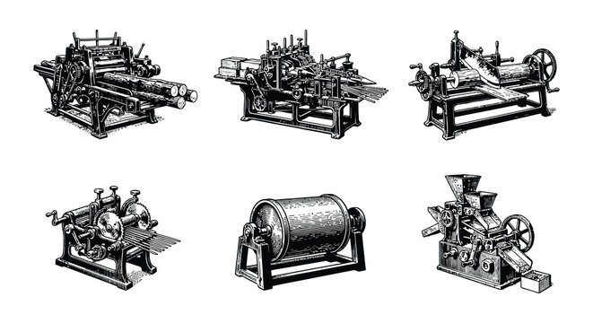 Vintage toothpick manufacturing machinery and workers detailed vector illustration