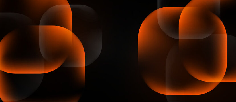 Abstract shapes overlap, creating glowing orange forms against dark background. Minimalist design evokes modern aesthetic.